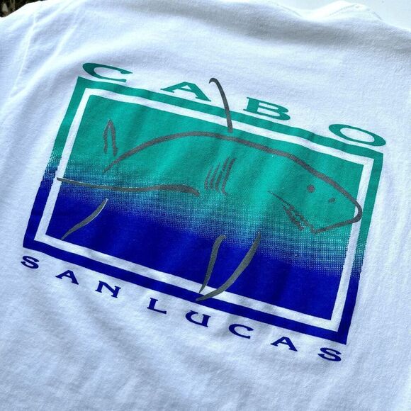 Vintage Cabo San Lucas Shark Graphic Tee White T-Shirt Large Made in Mexico - Picture 2 of 8